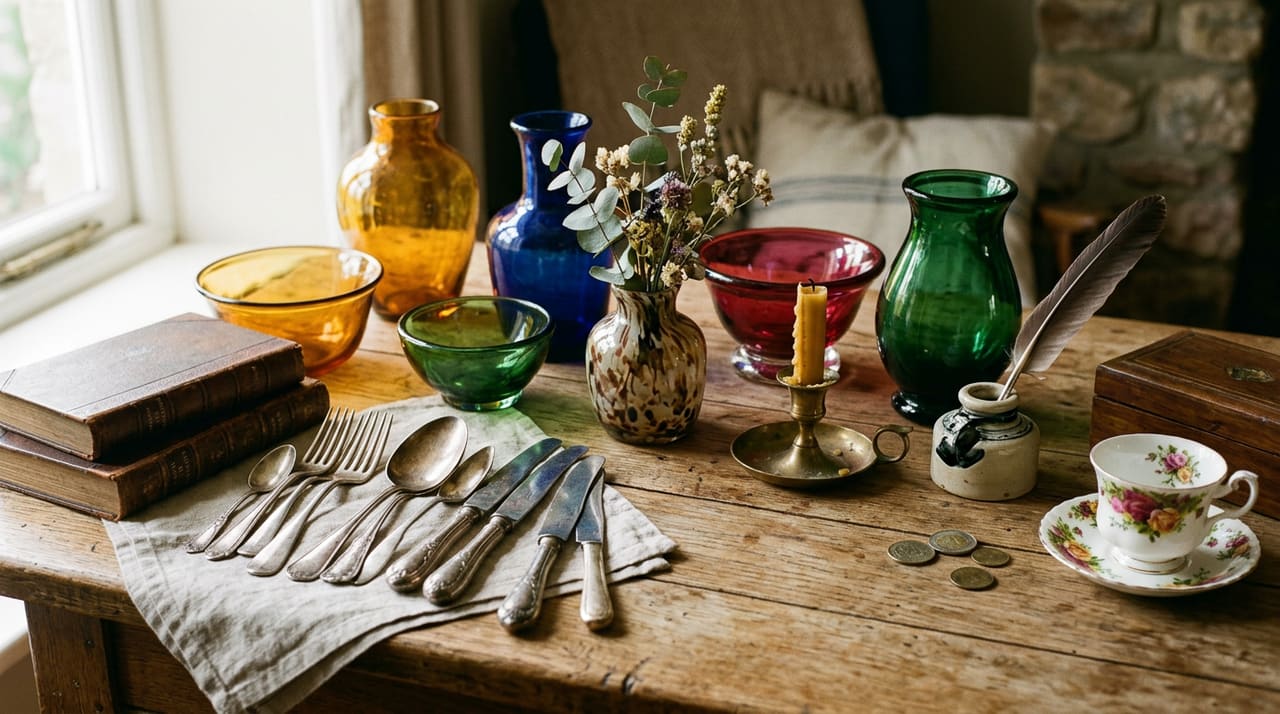 Display of household treasures — vintage silverware, art glass and small antiques