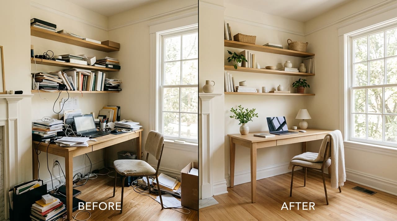 Bright, organized room with clear surfaces and warm light