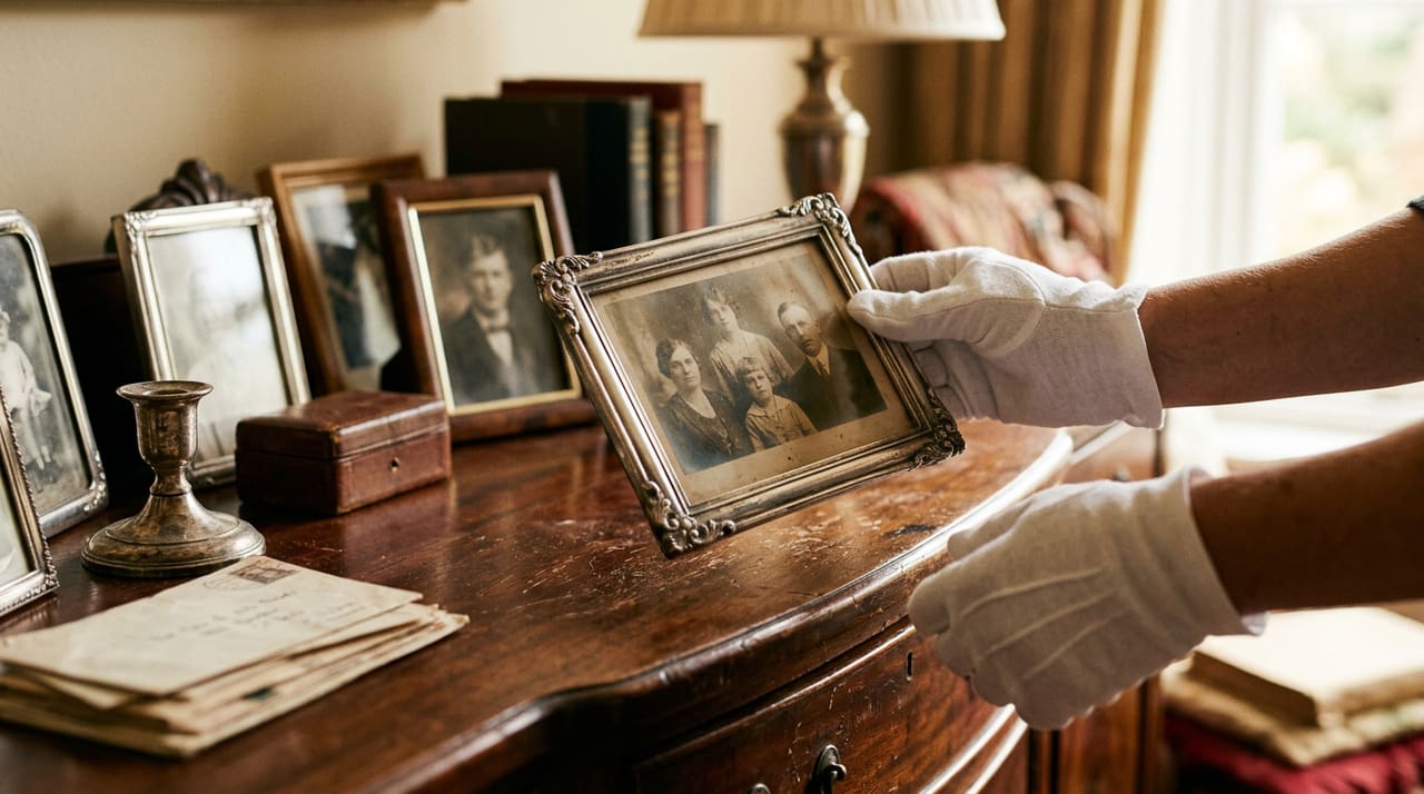 Cotton-gloved hands carefully handling silver-framed photographs on an elegant sideboard