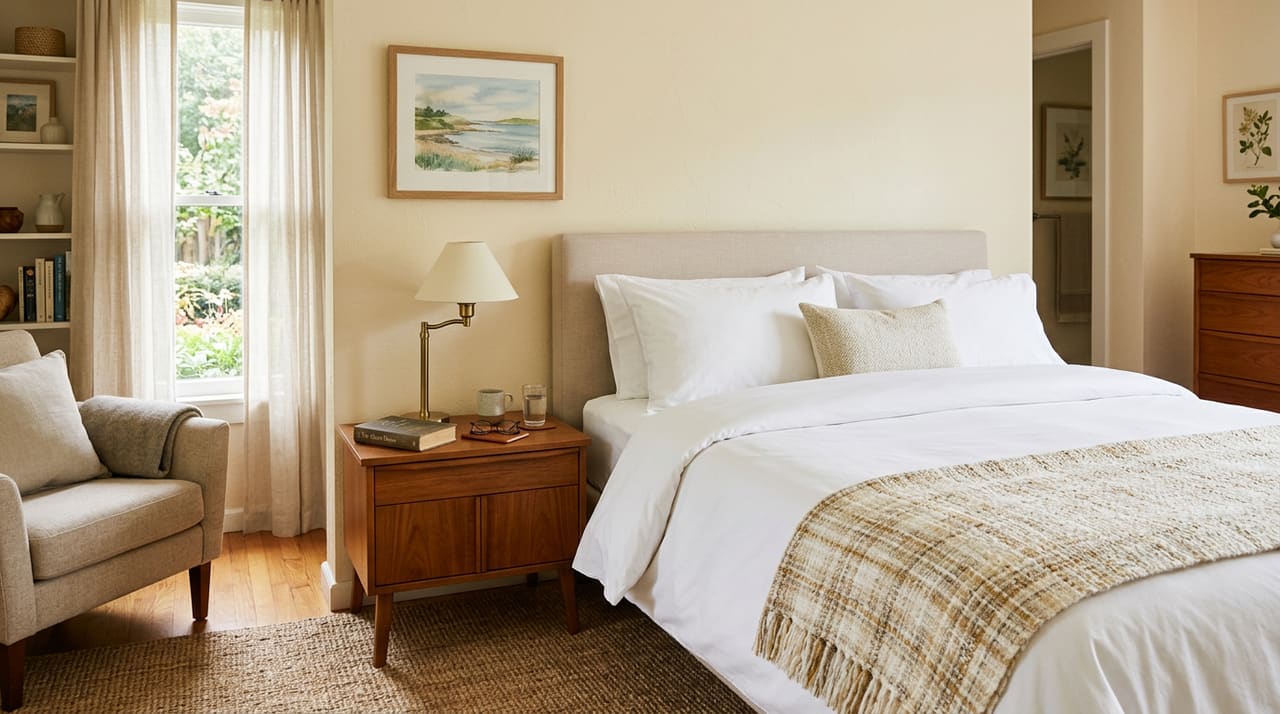 Neatly made bed in a freshly arranged retirement suite