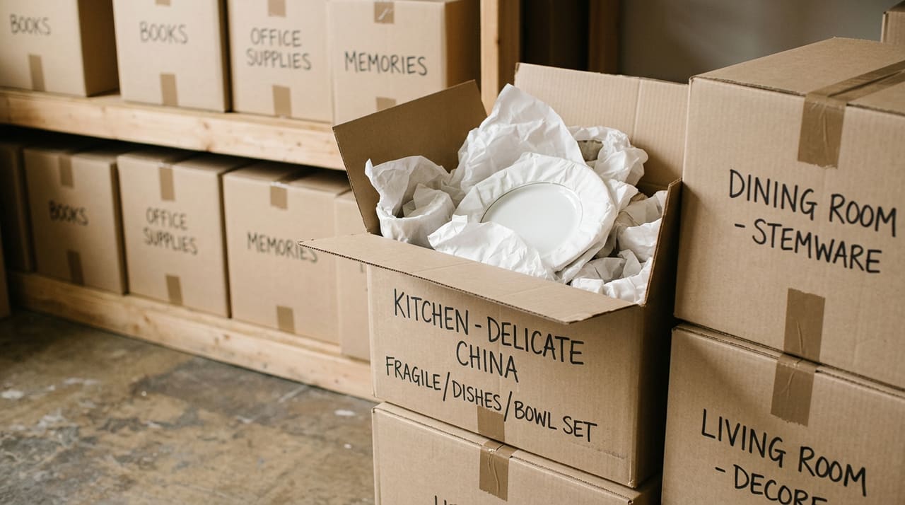 Professional packing materials — tissue-wrapped china and labelled boxes
